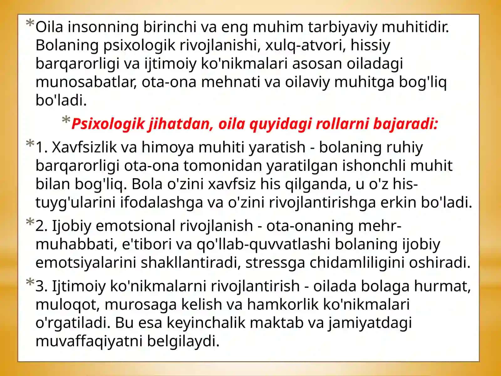 Mavzu: Oilaning boli tarbiyasi va o‘qibatlari 3
