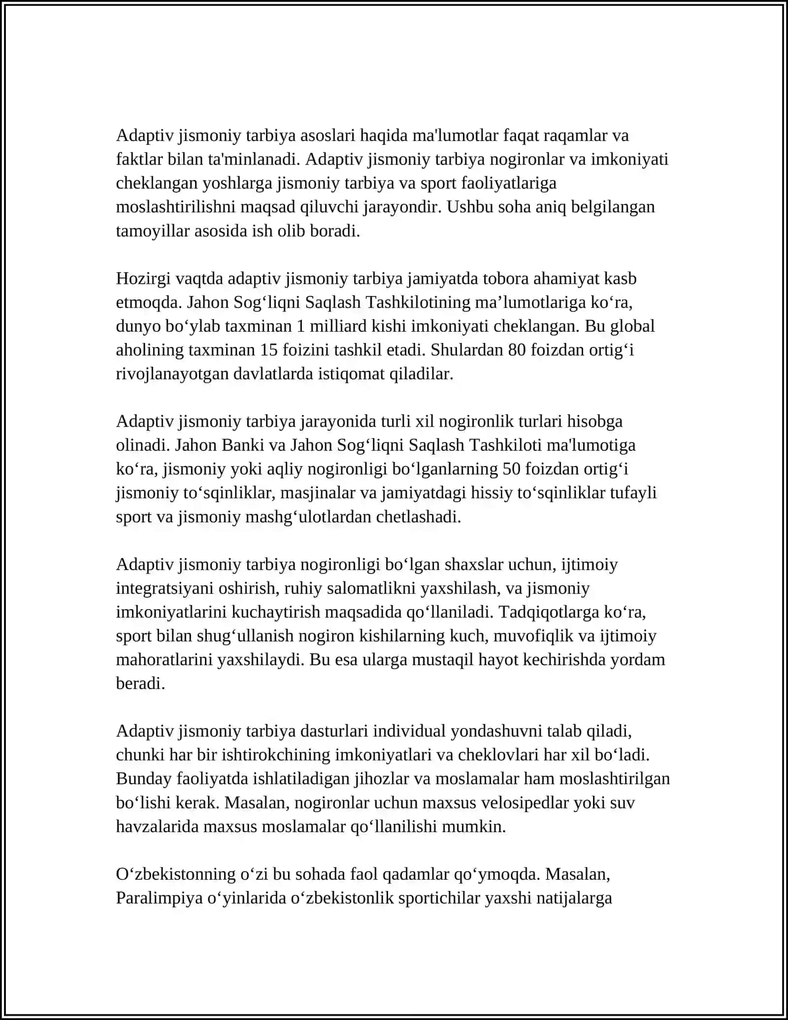 ADAPTIV JISMONIY TARBIYANING ASOSIY TUSHUNCHALARI VA ATAMALARI, “NOGIRON”, “NOGIRON O’QUVCHI”, “NOGIRONLAR”, “REABILITATSIYA”, “IJTIMOIY INTEGRATSIYA”, “TURMUSH TARZI” TUSHUNCHALARI 3