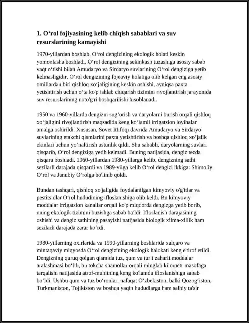 OʻZBEKISTONDA EKOLOGIK VAZIYATNING OGʻIRLASHISHI VA OROL FOJIYASI 3
