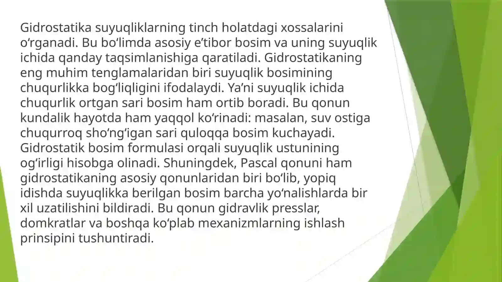 Gidromexanika jarayonlar gidrostatikaning asosiy tenglamalari gidrodinamikaning asosiy qonunlari 3