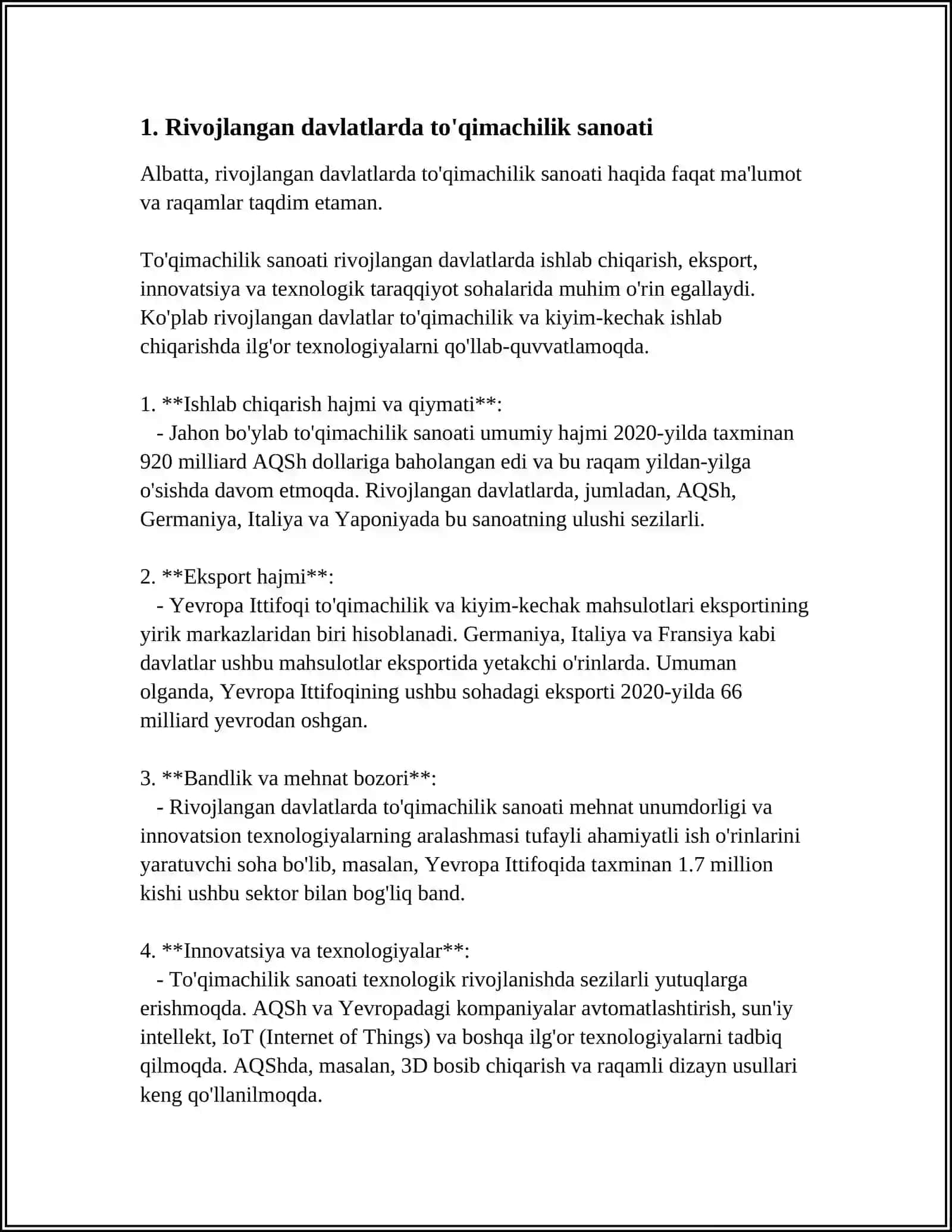 RIVOJLANGAN DAVLATLARDAGI VA MAMLAKATIMIZDA TÕQIMACHILIK KORXONALARNING HOZIRGI HOLATI VA RIVOJLANISH TENDESIYALARI 3