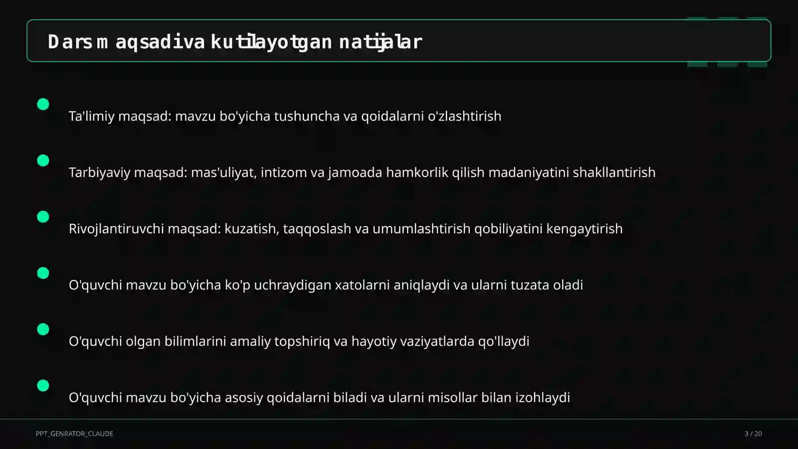 Sinf soati va tarbiyaviy tadbirlar (1– 11) — ochiq dars uchun 3