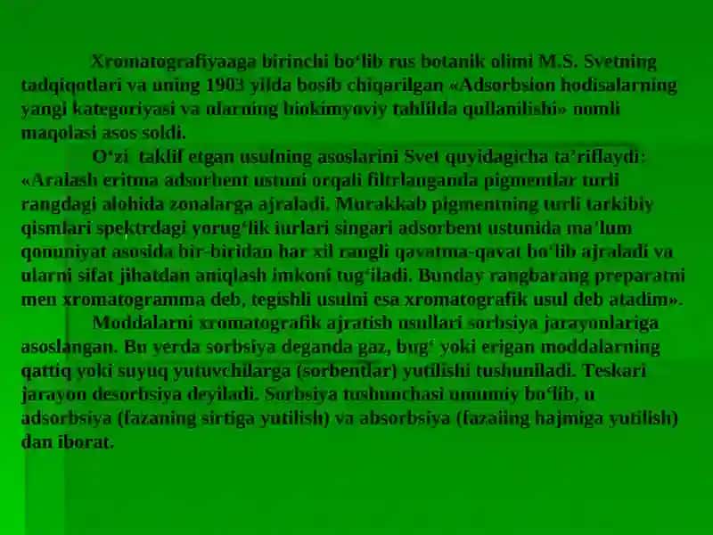 Xromatografik analiz usuli, klassifikatsiyasi va qo'llanilishi. 3