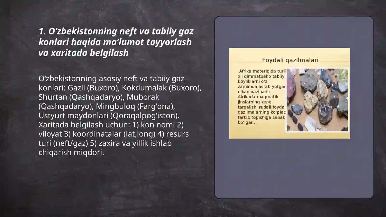 Oʻzbekistonning foydali qazilmalari haqida maʼlumotlar tayyorlash va xaritada belgilash 3