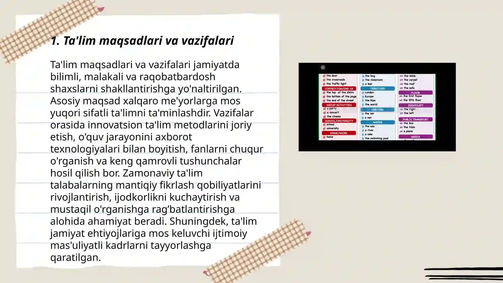 Reja: 1. Ta'lim maqsadlari va vazifalari 3
