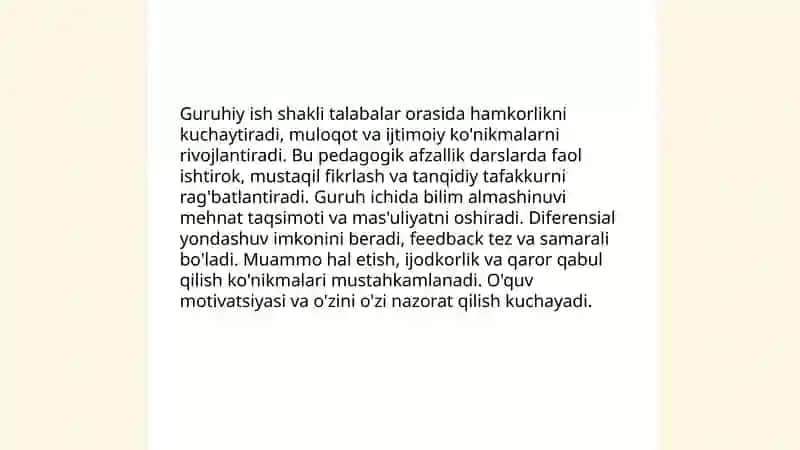 Guruhiy ish shaklining afzalligi. Guruh bilan ishlashning nazariy asoslari 3