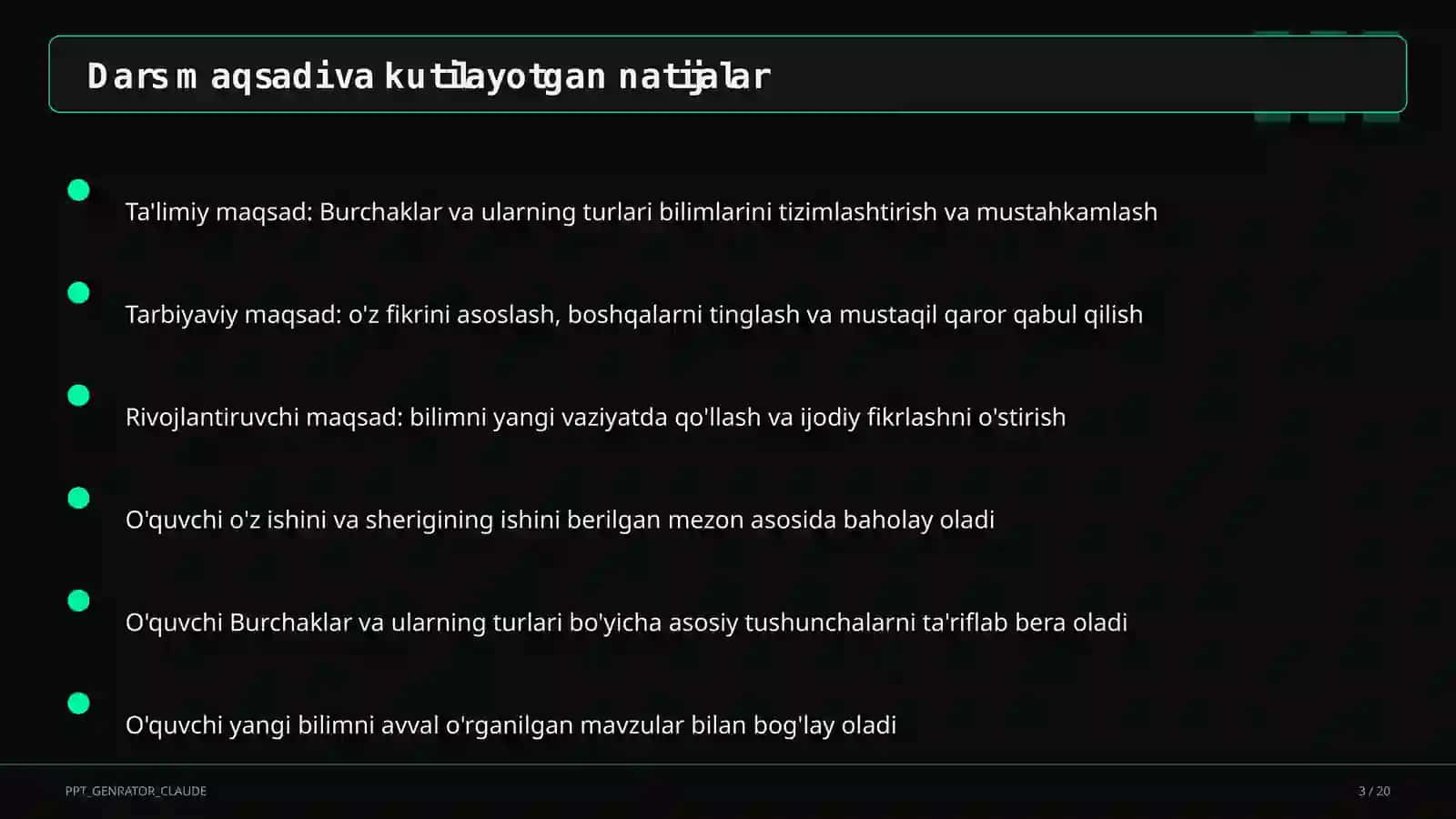 Burchaklar va ularning turlari (7-sinf) Geometriya (7– 11) 3