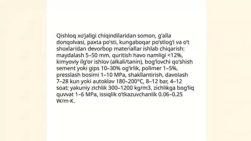 Qishloq xoʻjaligi chiqindilari asosida devorbop materiallar 3