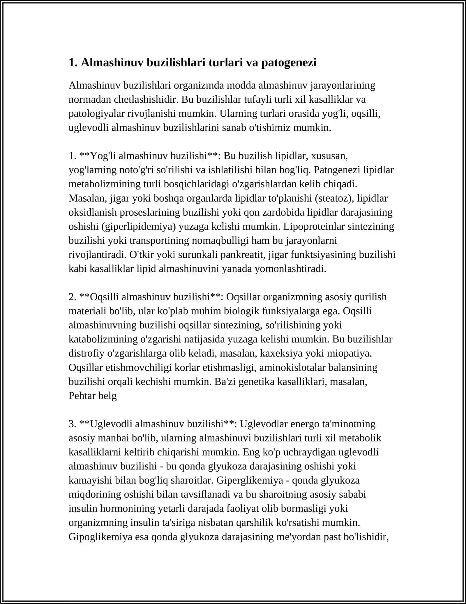 ALMASHINUVNING BUZULISHI. DISTROFIYA YOG'LI OQSILLI UGLEVODLI. GIPERGLIKEMIYA. DIABET 3