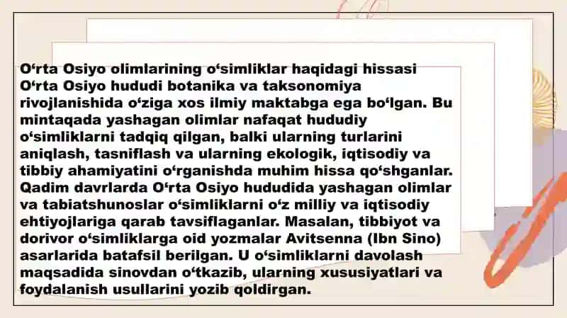O'rta Osiyo olimlarining oʻsimliklar haqidagi fikrlari.Yuksak o'simliklarning taksonomik tarixi. 3