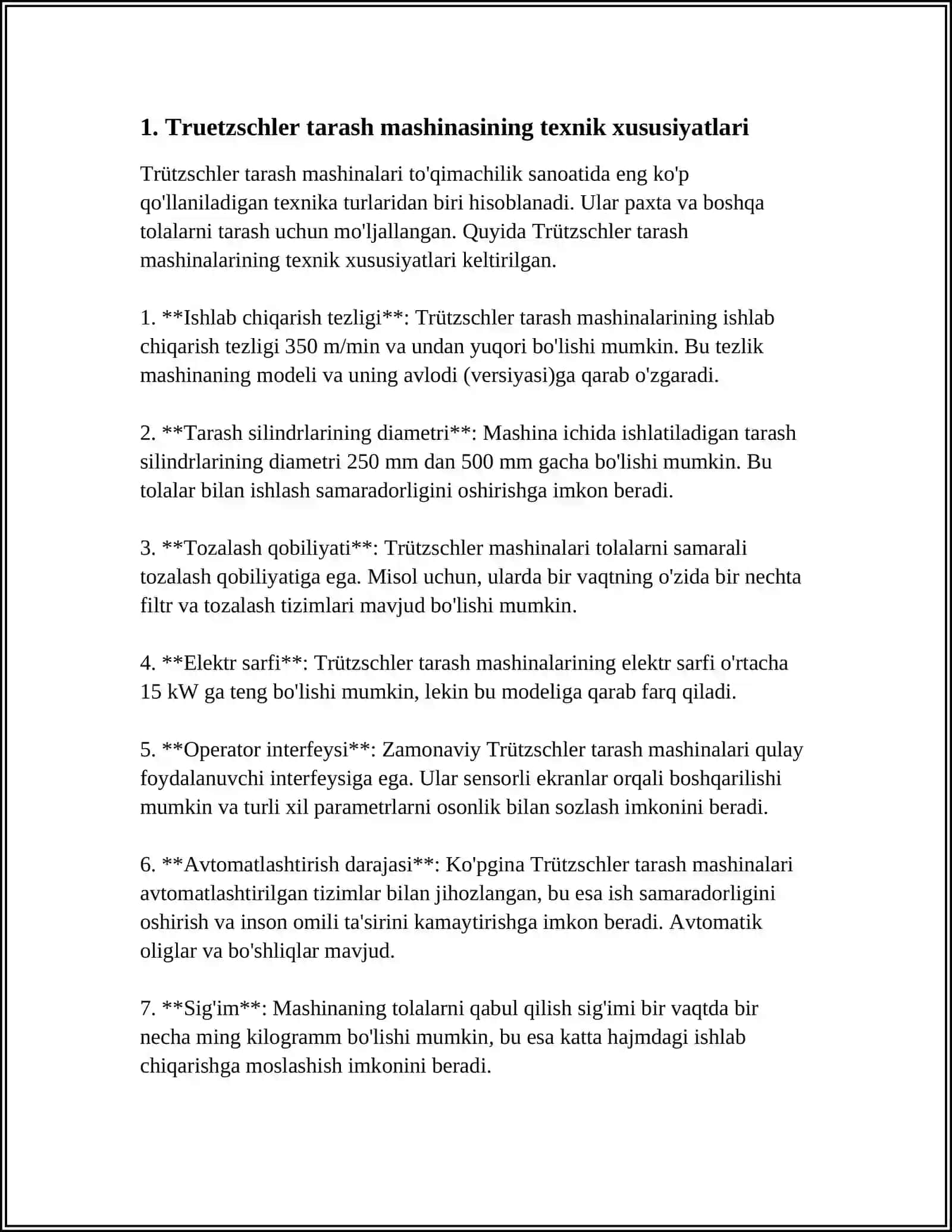 TRUETZCHLER, RIETER MARZOLI FIRMALARINING TARASH MASHINALARINING QIYOSIY TAHLILI 3