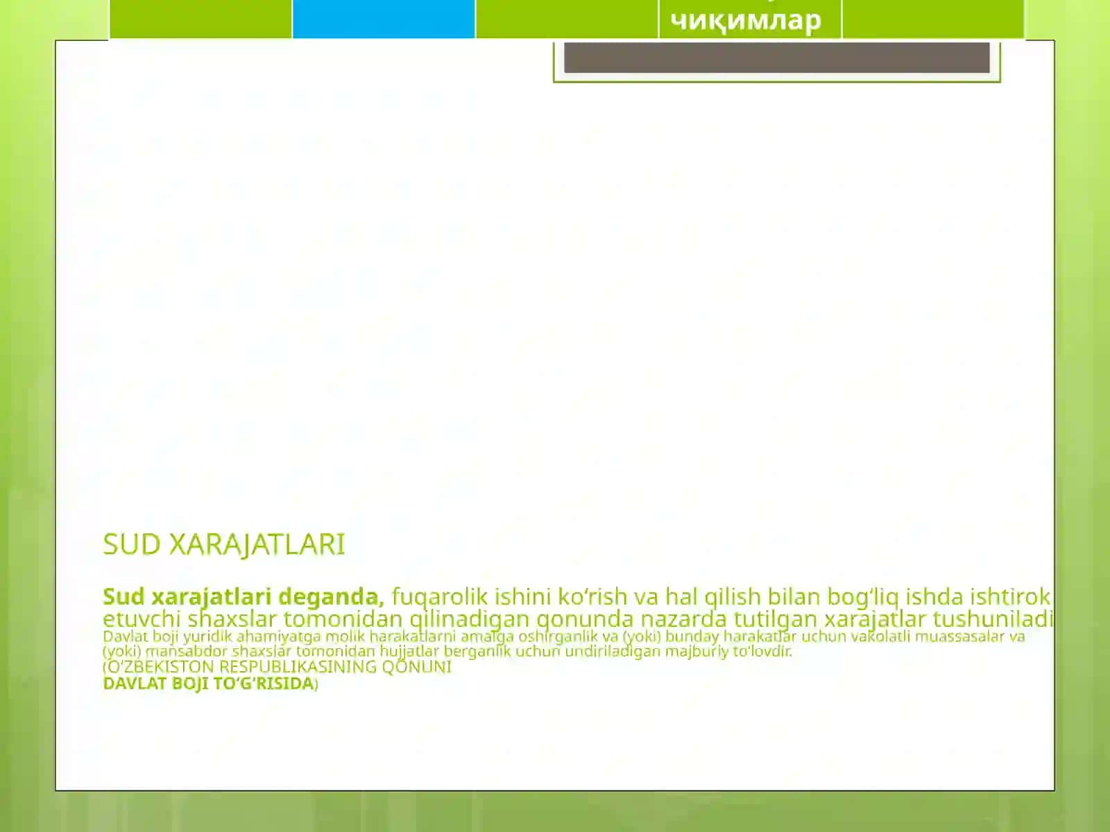 SUD XARAJATLARI. PROTSESSUAL MAJBURLOV CHORALARI.PROTSESSUAL MUDDATLAR 3