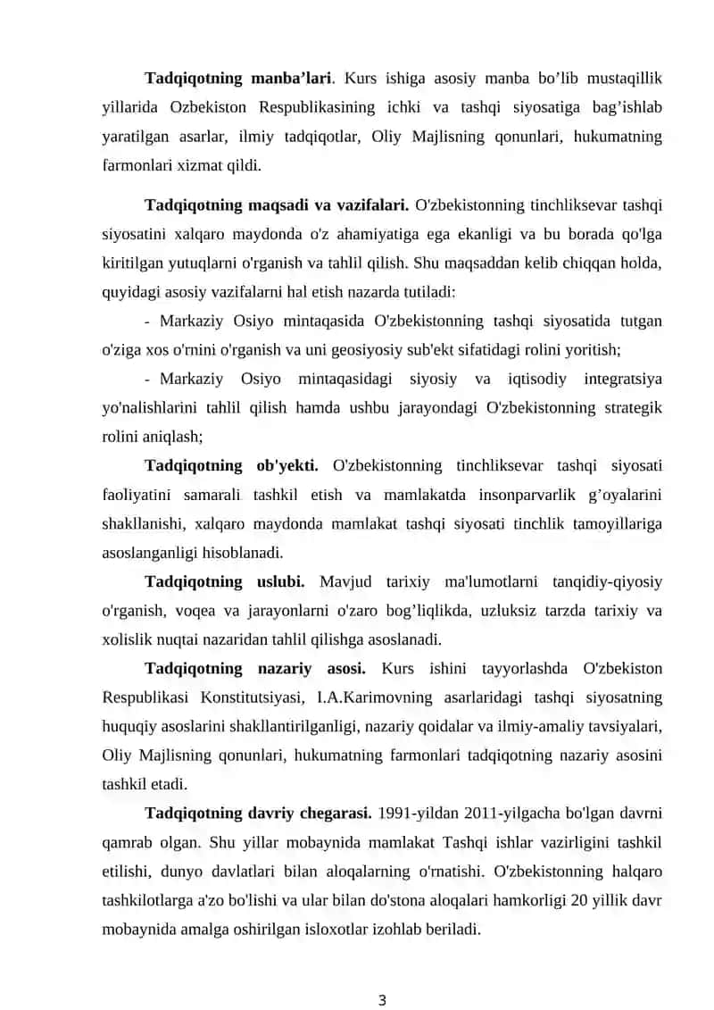 : O‘ZBEKISTONNING TINCHLIKSEVAR TASHQI SIYOSATI VA UNING JAHON HAMJAMIYATI TOMONIDAN TAN OLINISHI. 3
