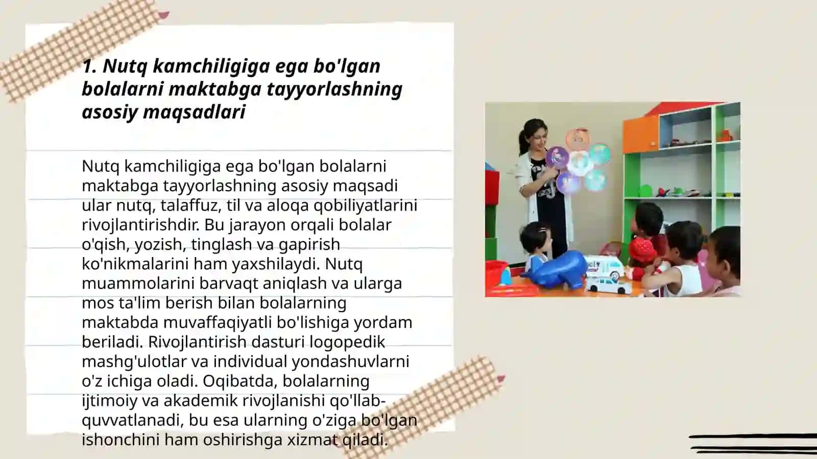 Nutq kamchiligiga ega bo'lgan bolalarni maktabga tayyorlash fanining maqsad va vazifalari 3