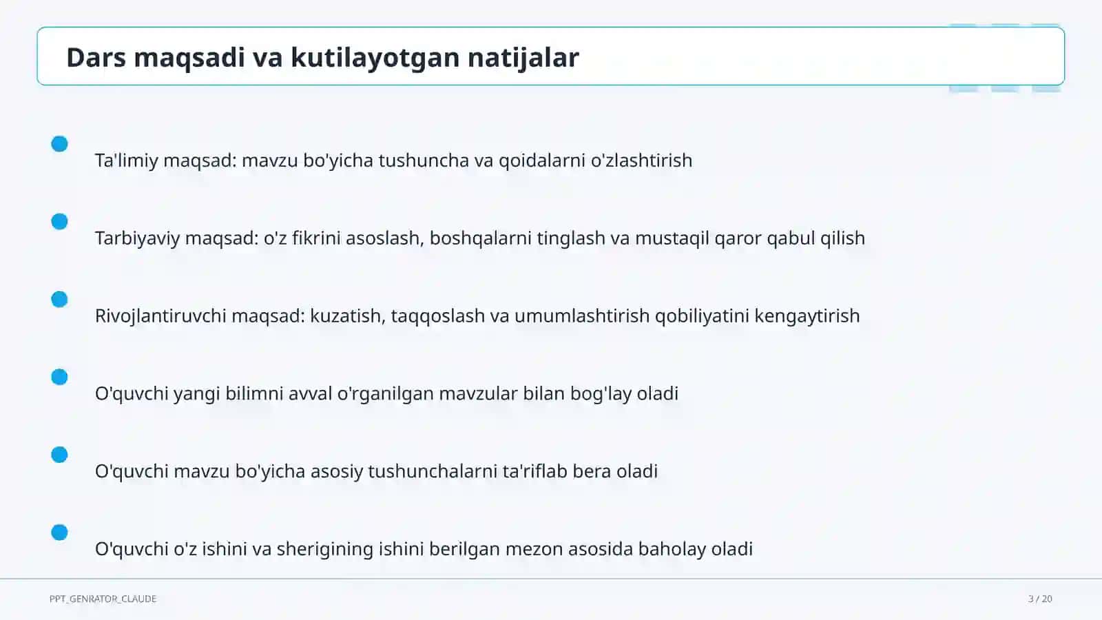 Dars tahlili: kuzatuv va baholash mezonlari 3