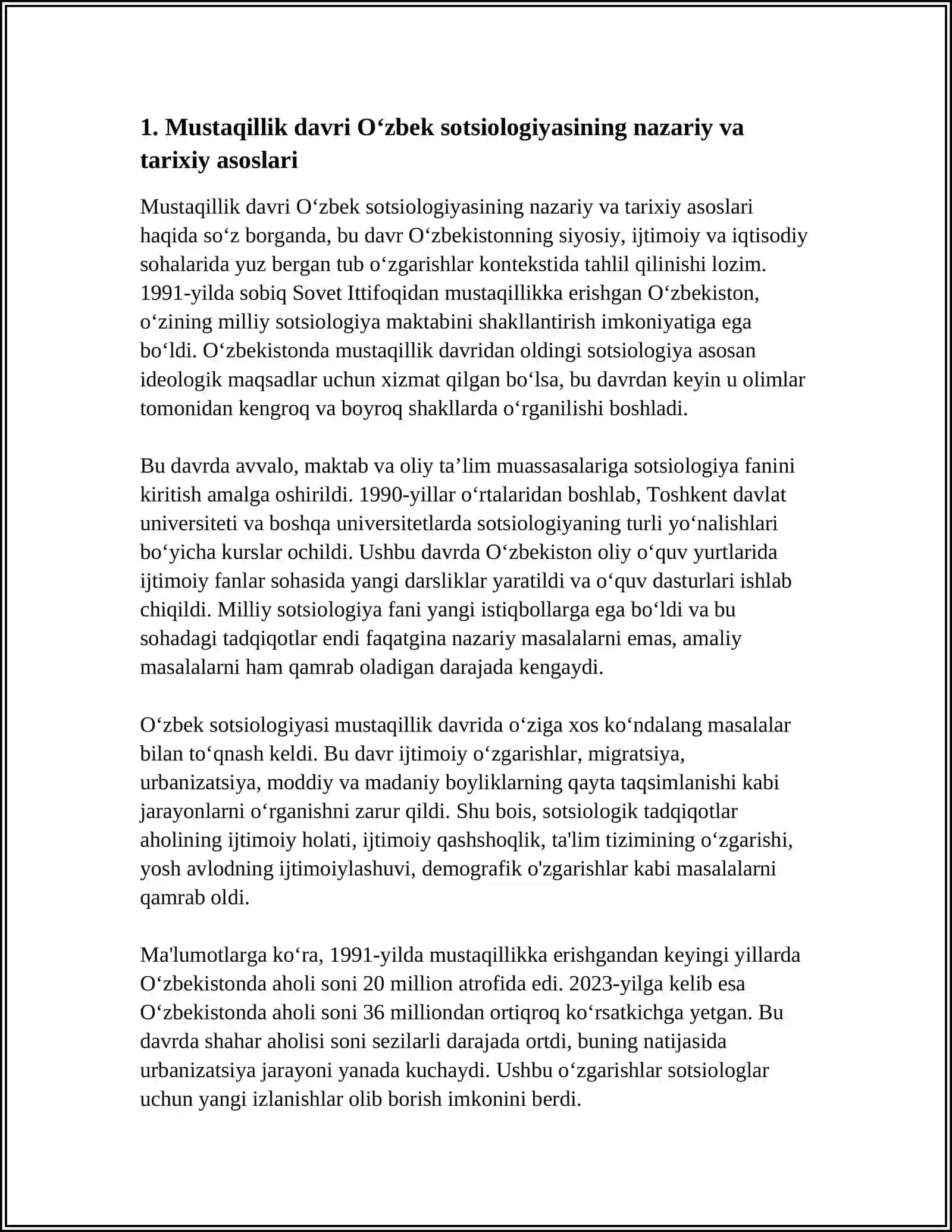 MUSTAQILLIK DAVRI OʻZBEK SOTSIOLOGIYASI: ASOSIY YOʻNALISHLARI VA BIBLIOGRAFIK KOʻRSATKICHLAR 3