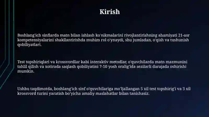 Boshlang'ich ta'limda matn ustida ishlash boʻyicha test topshiriqlari, krassvord 3