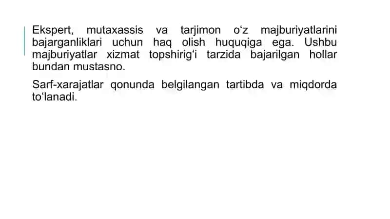 Jabrlanuvchilarga moliya.Jabrlanuvchilarga va ularning vakillariga, guvohlarga, ekspertlarga, mutaxassislarga, tarjimonlarga va xolislarga ularning sarf-xarajatlarini toʻlash 3