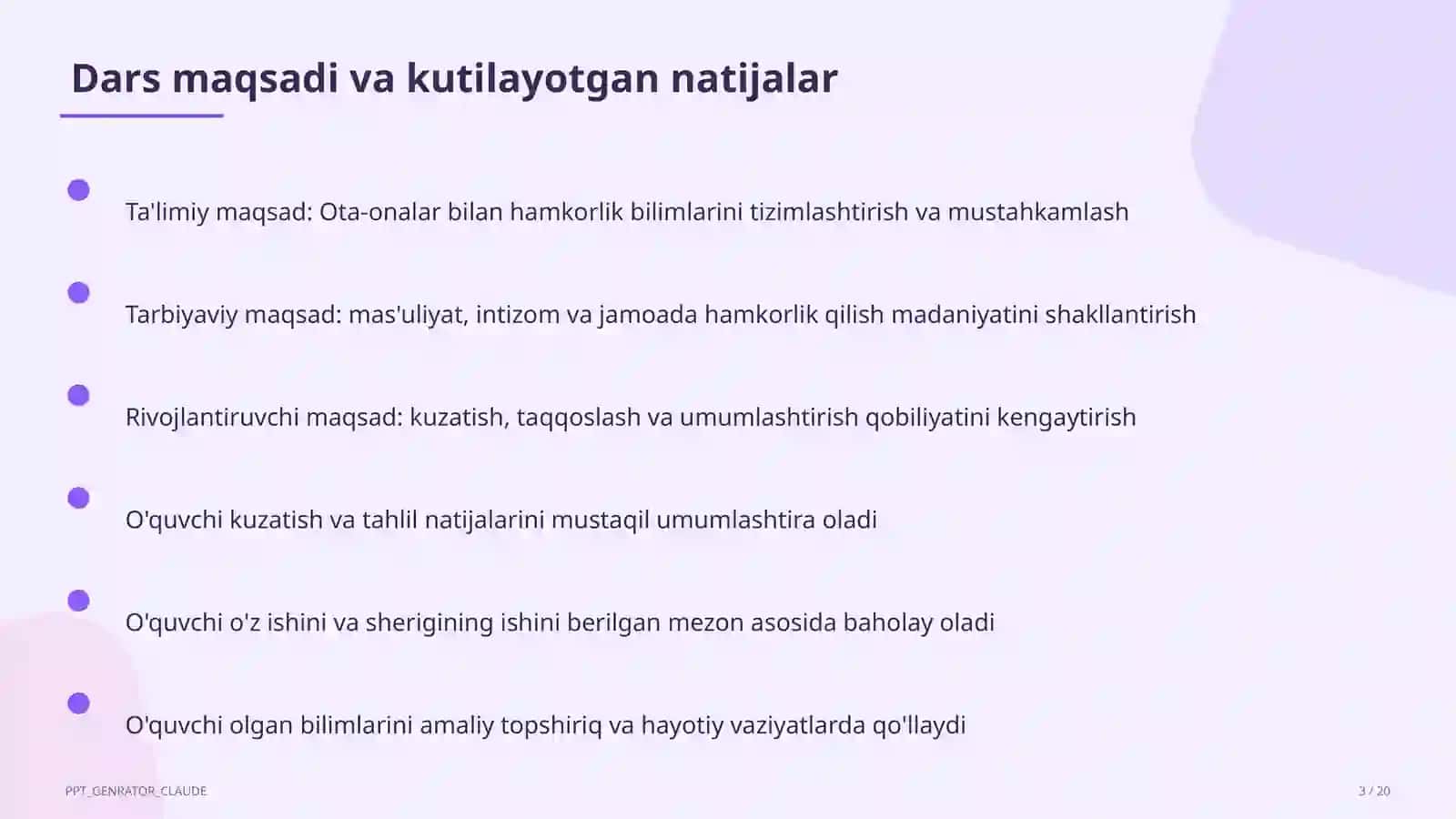 O'qituvchilar uchun: pedagogika va o'qitish metodikasi — ochiq dars uchun 3