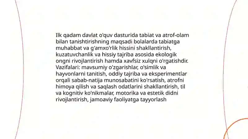 Ilk qadam davlat o'quv dasturida tabiat va atrof olam bilan tanishtirish mazmuni 3