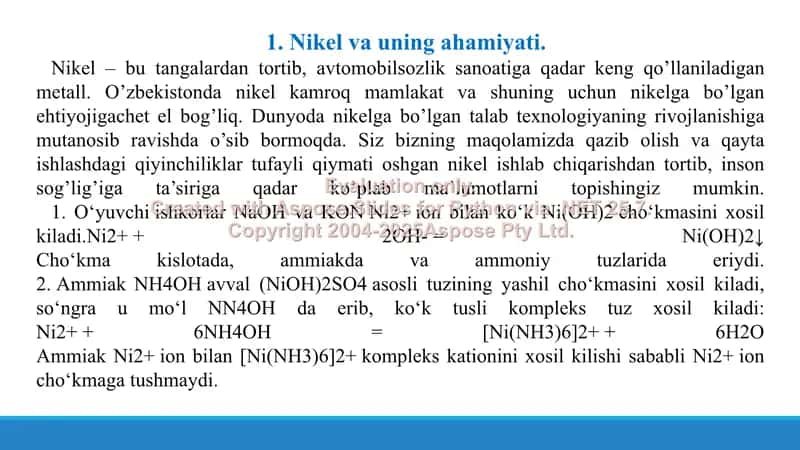 11. Ni2+ kationi organizmdagi ahamiyati. Tibbiyotda qo’llanilishi va dori vositalari tarkibida sifat hamda miqdorini aniqlash. Taqdimot 9 bet 3