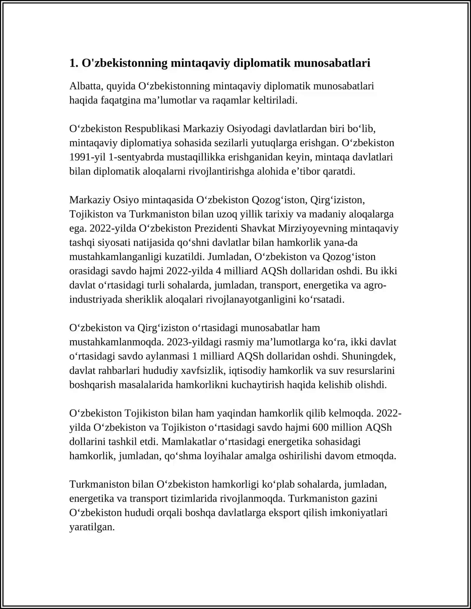 O'ZBEKISTONNING MARKAZIY OSIYODAGI TINCHLIK VA BARQARORLIKNI TA'MINLASHDAGI O'RNI 3