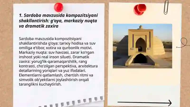 Sardoba mavzusida kompozitsiya yaratish, tarixiy janrda ijod qilgan oʻzbek rassomlari va asarlari tahlili 3