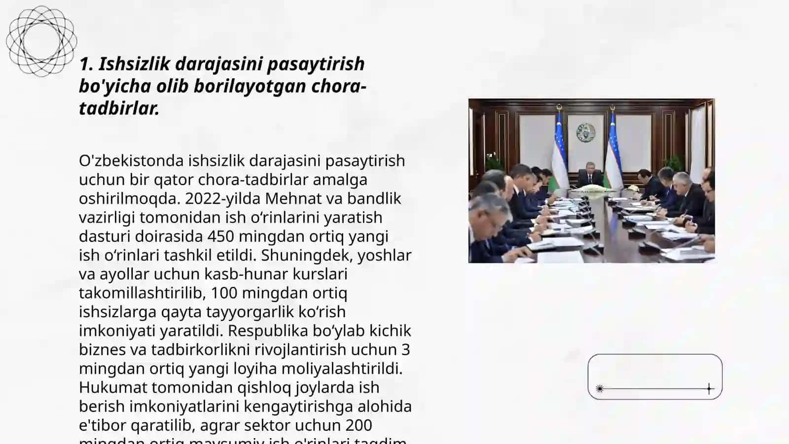 Ishsizlik darajasini pasaytirish bo'yicha olib borilayotgan chora-tadbirlar 3