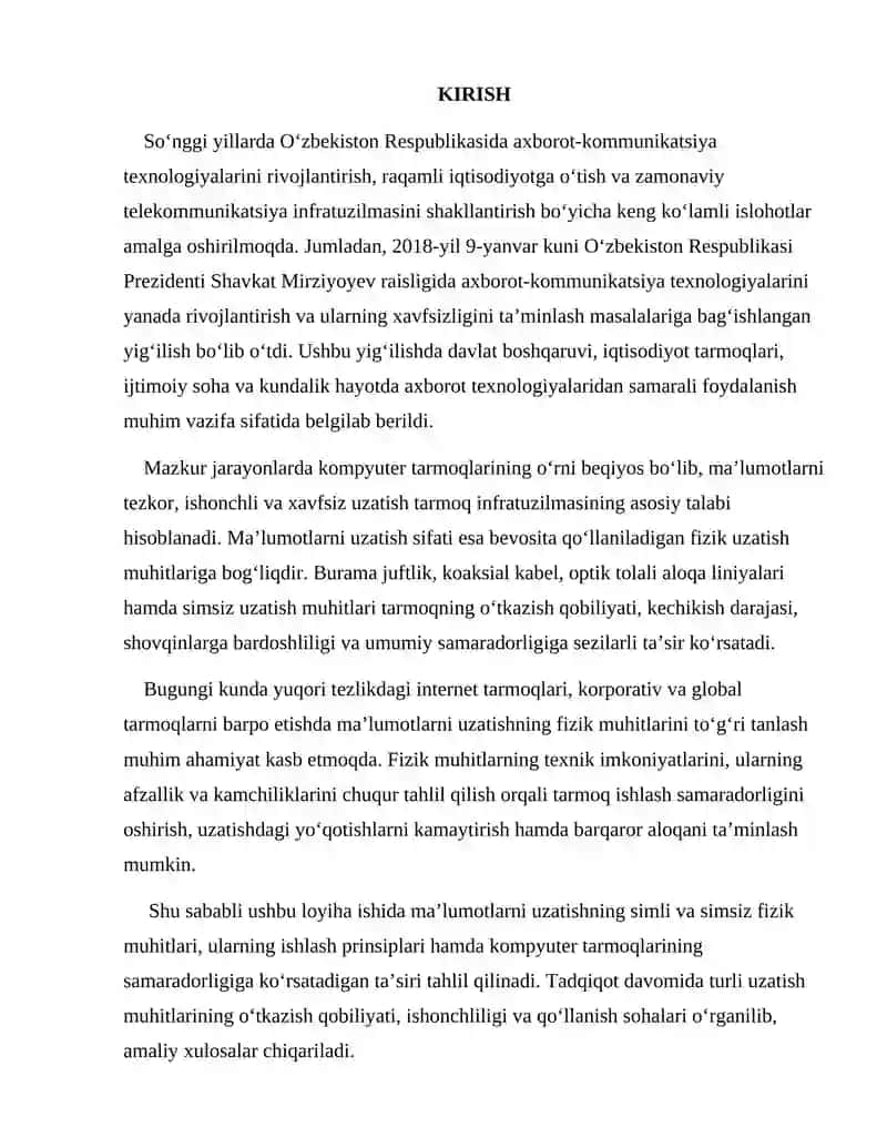 Ma’lumotlarni uzatishning fizik muhitlari va ularning tarmoq ishlash samaradorligiga ta’sirini tahlil qilish 3