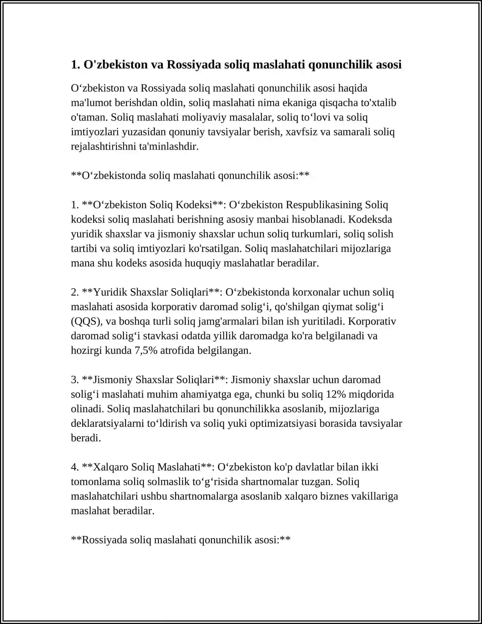 O'ZBEKISTON VA RASSIYA DAVLATLARIDA SOLIQ MASLAXATI BO'YICHA XIZMATNING SUDDA MIJOZ MANFAATLARINI KO'ZLAB VAKILLIK QILISH TARTIB TAMOILLARI 3