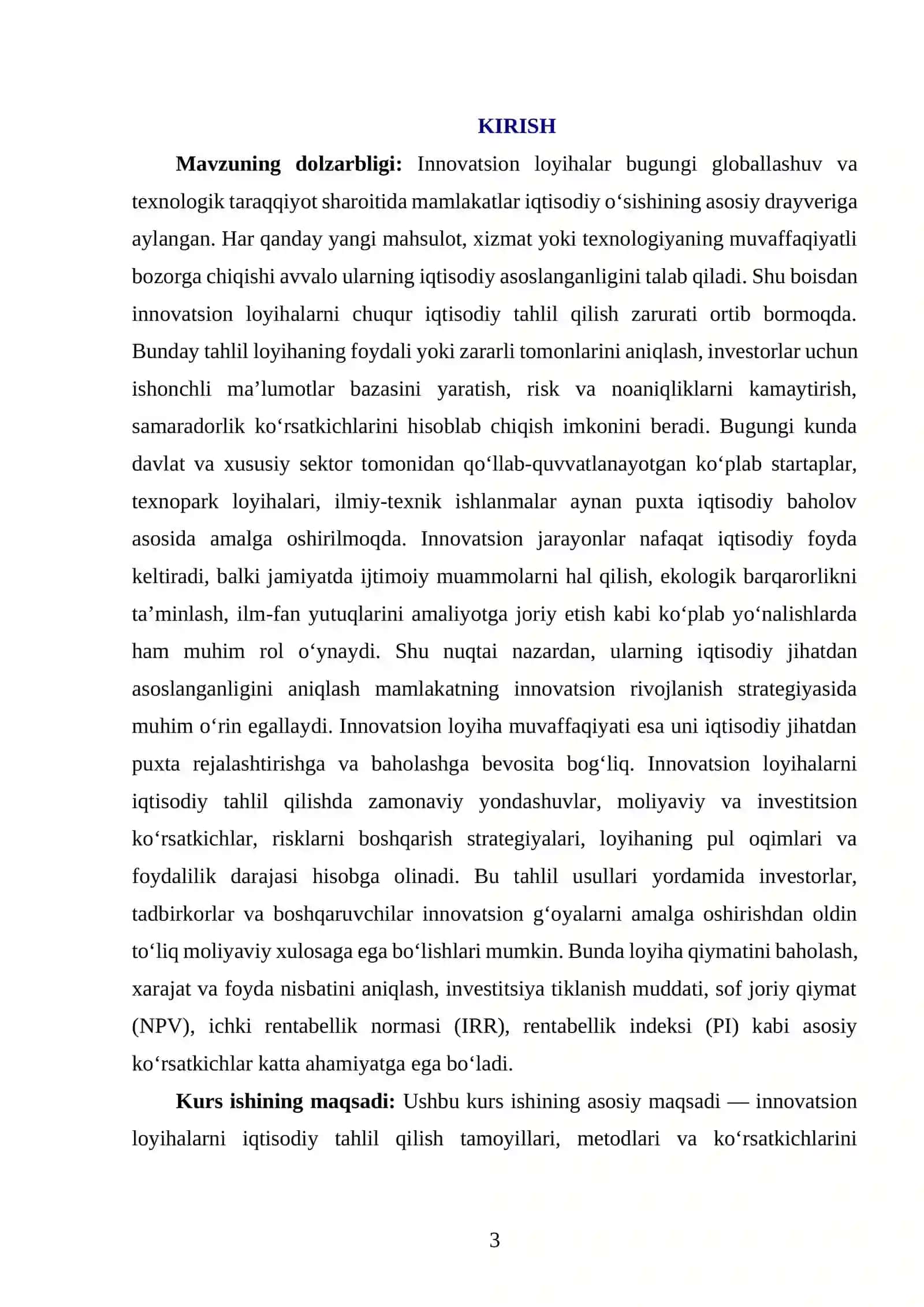 “INNOVATSION LOYIHALARNI IQTISODIY TAHLIL QILISH” MAVZUSIDA YOZGAN KURS ISHI 3