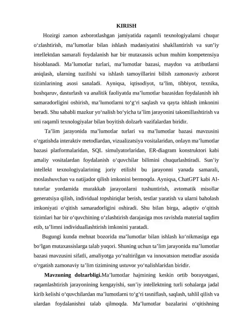 Ma’lumotlar turlari va bazasi, maydonlarni aniqlash” mavzusini o‘qitish metodikasi 3