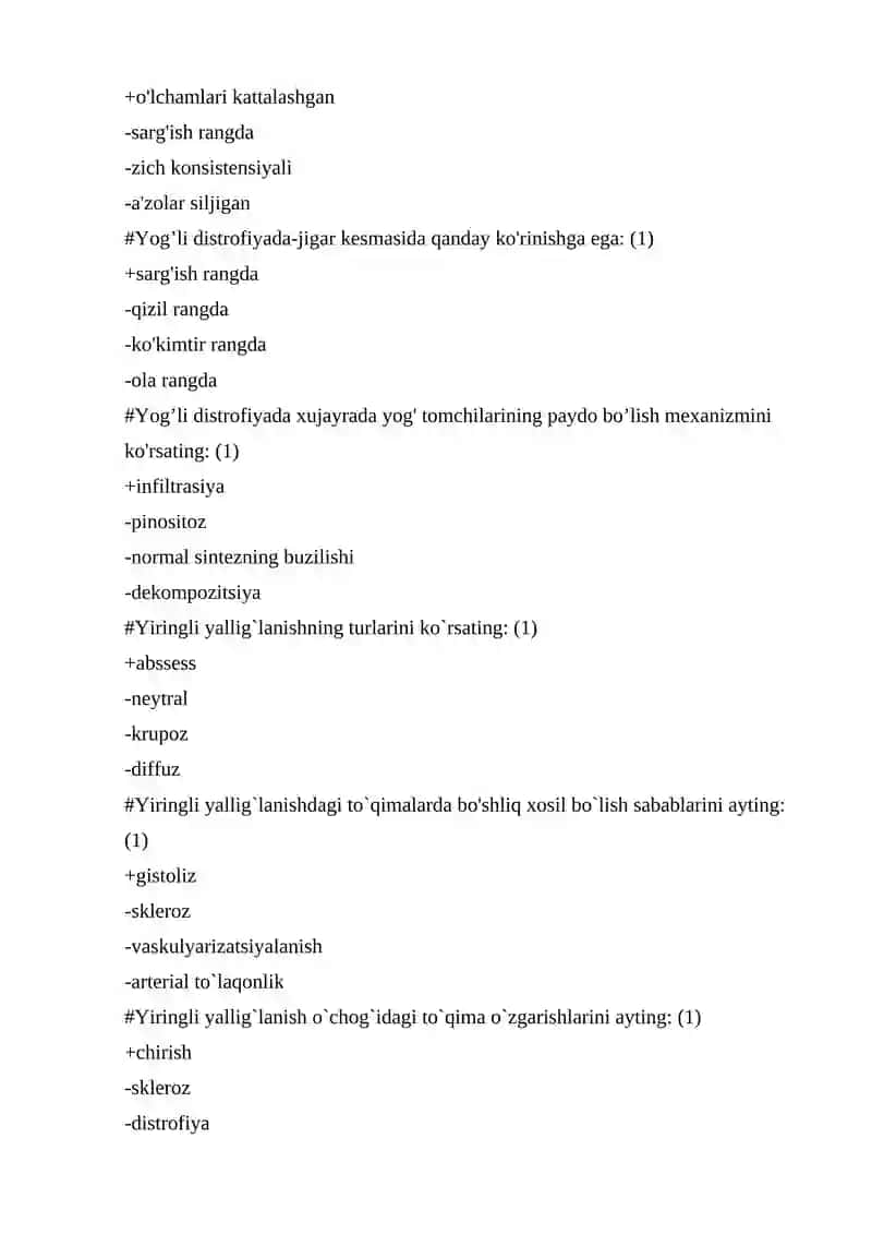 Patologik anatomiya fanidan 500 talik test, javoblari bilan 3