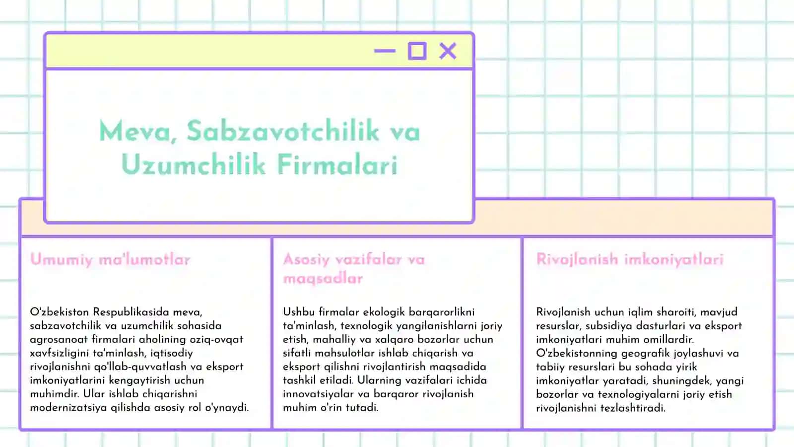 O'zbekiston Respublikasi vazirlar mahkamasining Meva sabzavotchilik va uzumchilik sohasida agrosanoat firmalari tashkil etish va ularning faoliyatini yo'lga qo'yish tartibi to'g'risidagi nizomni tasdiqlash haqida gi 42-sonli 3