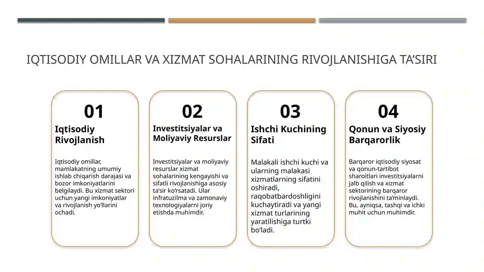 Xizmat koʻrsatish tarmoqlarini rivojlanishiga ta’sir etuvchi omillar va ularni guruhlashtirish 3