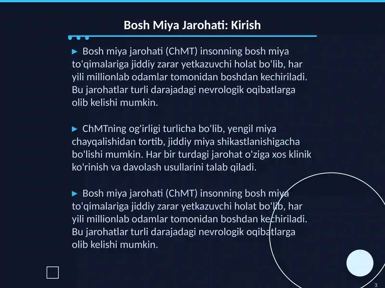 Neyroxirurgik shoshilinchlar: bosh miya jaroxati (ChMT) va birinchi yordam 3