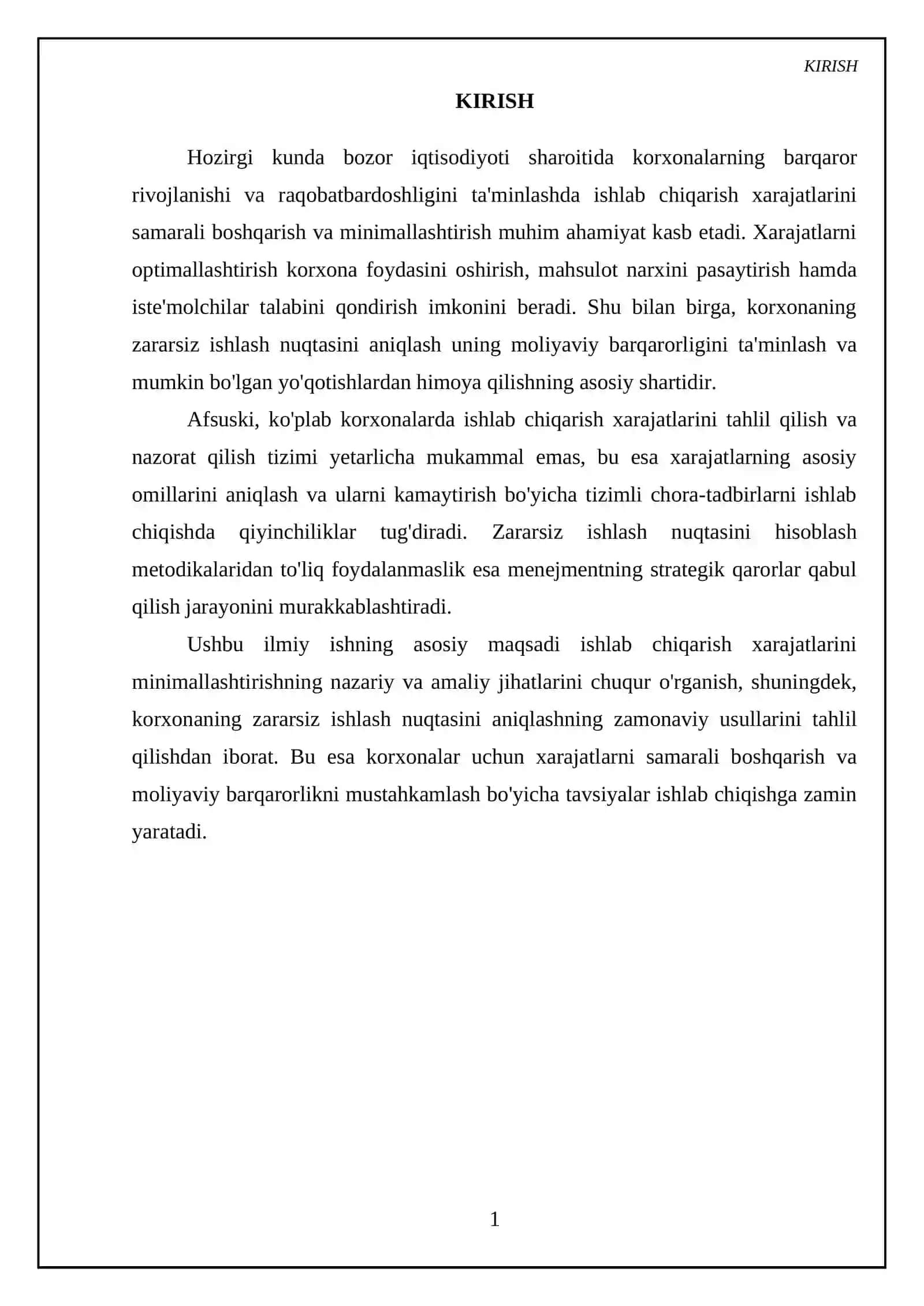 Ishlab chiqarish xarajatlarini minimillashtirish shartlari va korxonaning zararsiz ishlash nuqtasimi hisoblash yo'llari 3