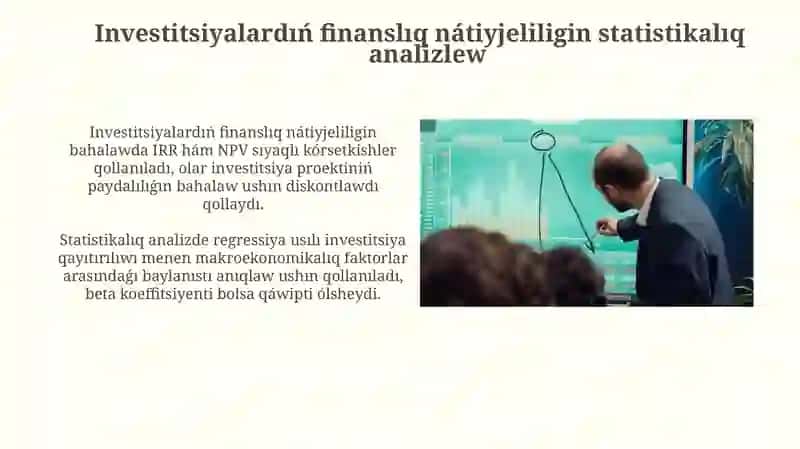 Investitsiyalardıń finanslıq nátiyjeliligin statistikalıq analizlew 3
