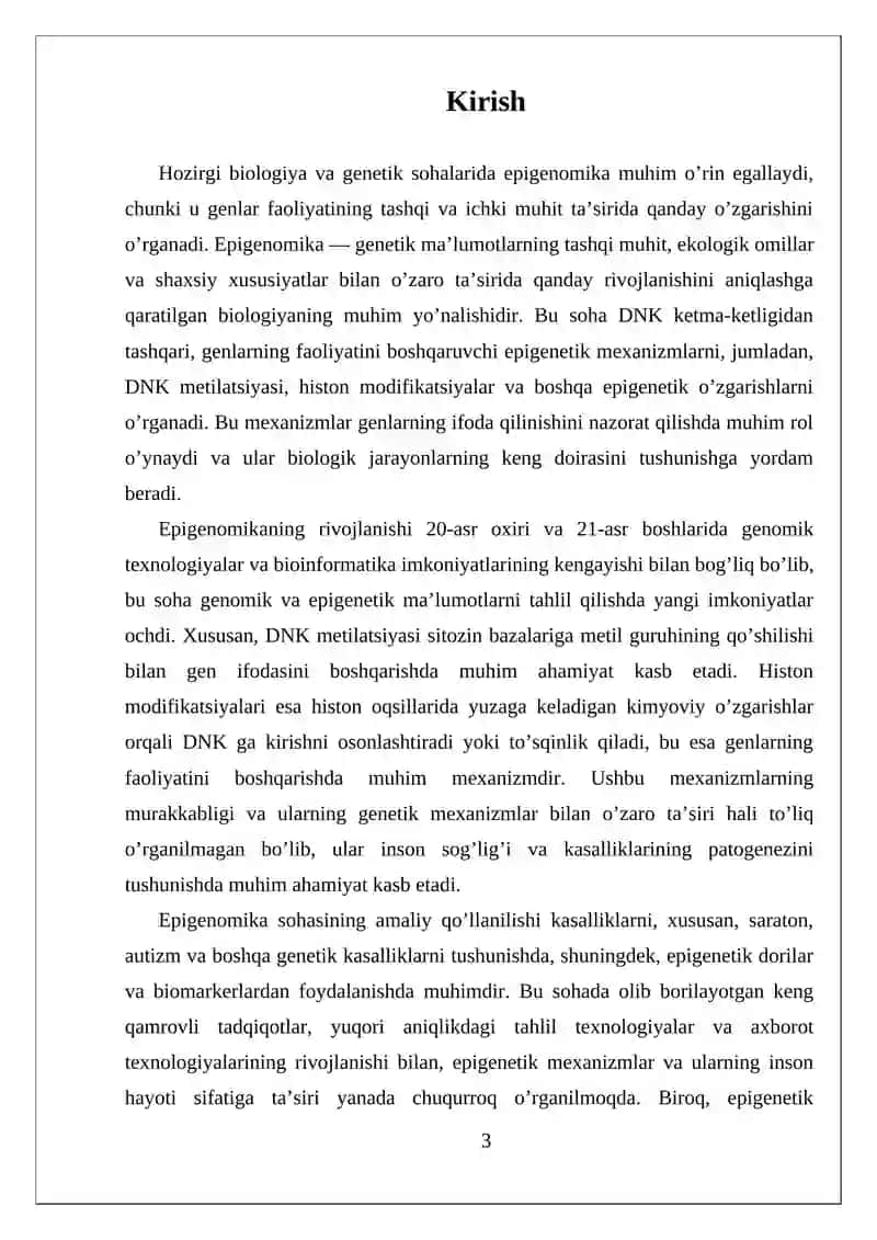 EPIGENOMIKA VA UNING TAHLILI: DNK METILATSIYASI, HISTON MODIFIKATSIYALAR VA EPIGENETIK MA’LUMOTLARNI O’RGANISH 3