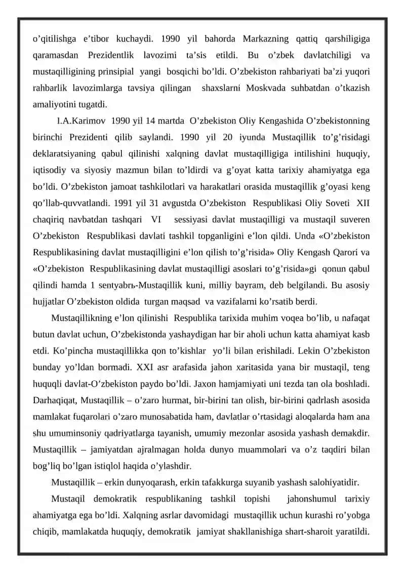 O’zbekistonda davlat mustaqilligining qo’lga kiritilishi va uning tarixiy ahamiyati. 3