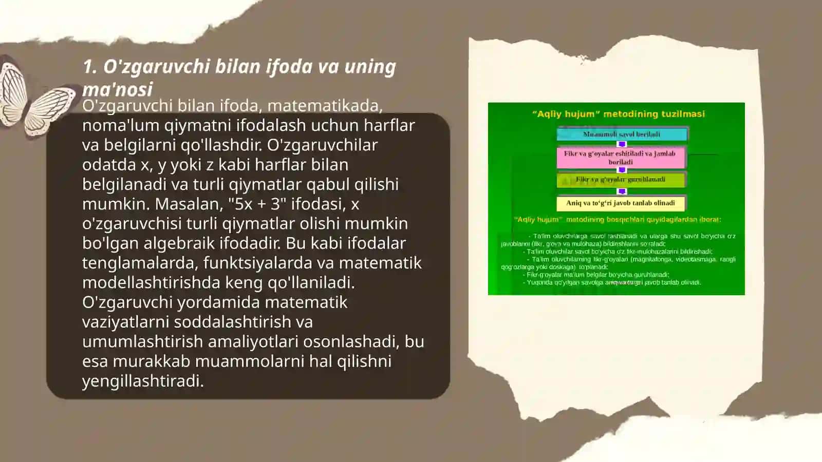 O'zgaruvchi qatnashgan ifoda. Tenglik va tengsizlik. Sonli tenglik, tengsizlik va uni yechishga o'rgatish metodikasi 3