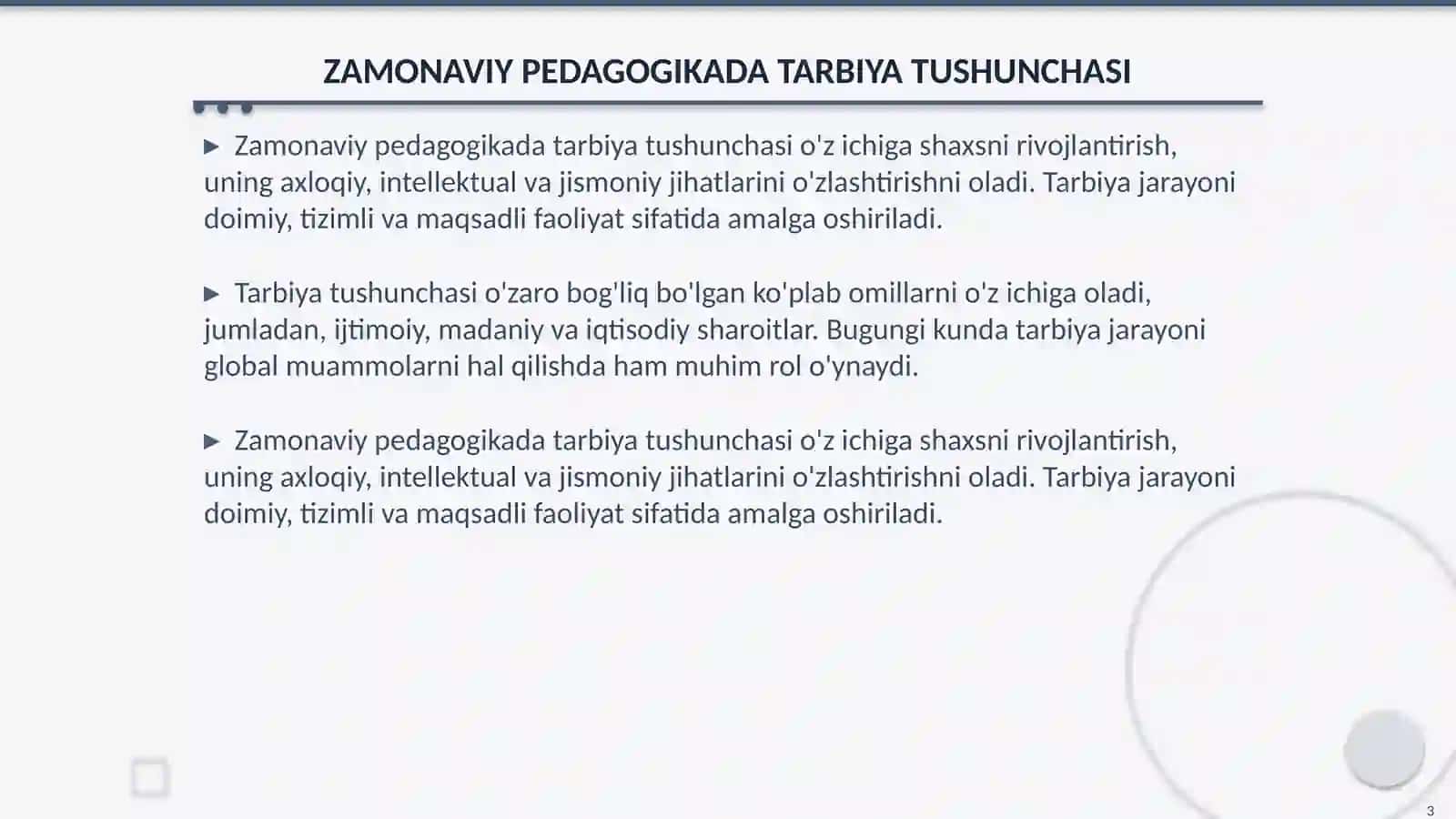 ZAMONAVIY PEDAGOGIKADA TARBIYANING MAZMUNI VA TARBIYAVIY ISHLARNING ASOSIY YO‘NALISHLARI 3