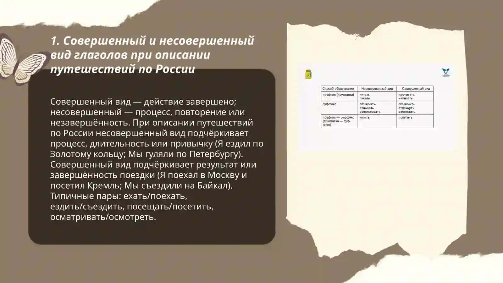 Совершенный и несовершенный вид глаголов при описании путешествий по России 3