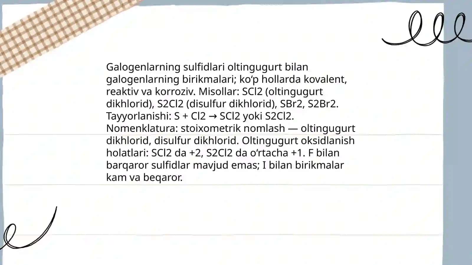 Galogenlarning sulfidlari galogenlarning oksokislatalari 3