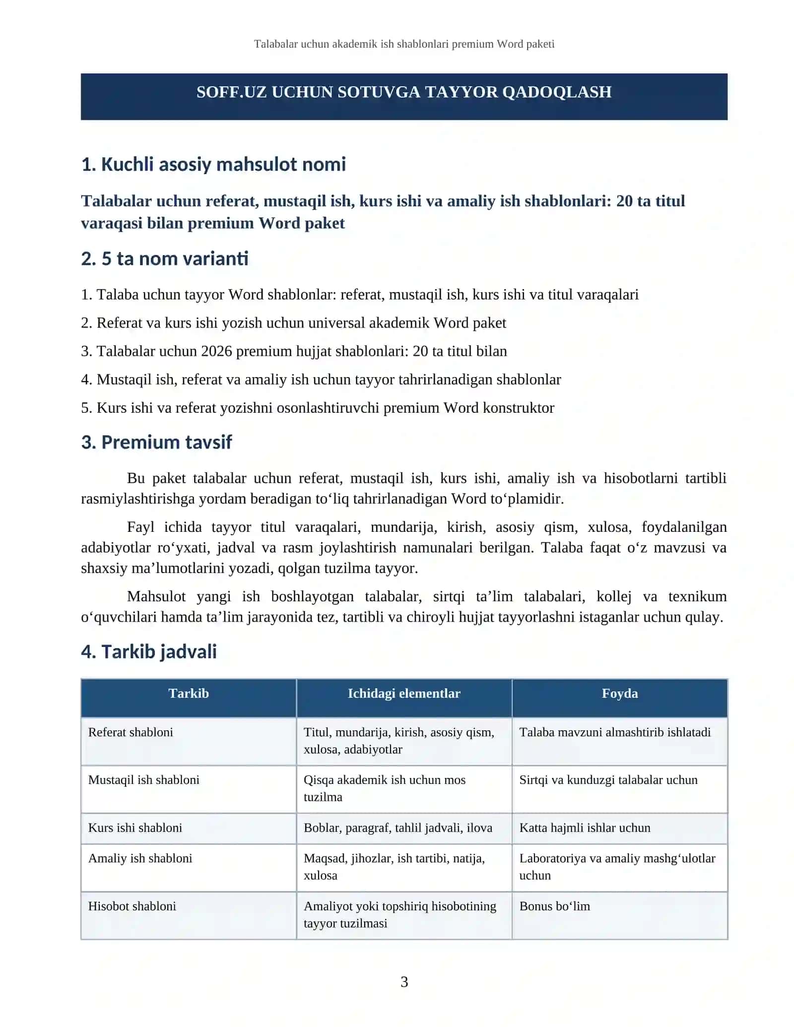 TALABALAR UCHUN REFERAT, MUSTAQIL ISH VA KURS ISHI YOZISH SHABLONLARI TO‘PLAMI 3