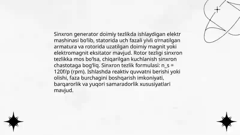 Sinxron generatorning tavsiflari va elektro magnit quvvati 3