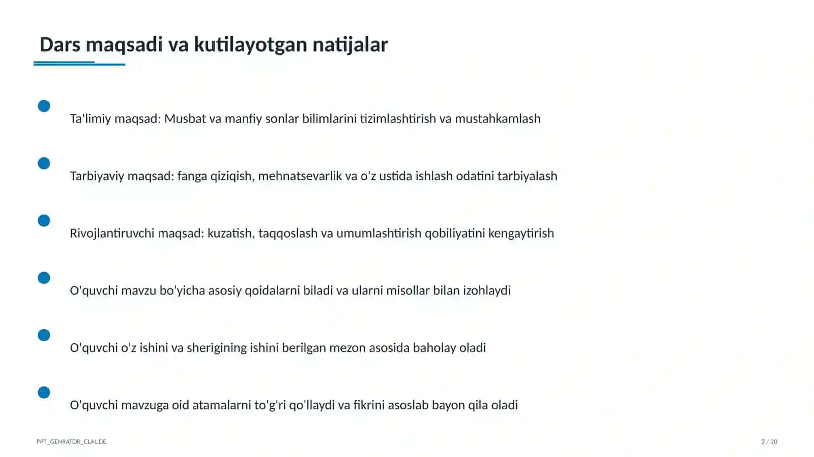 Musbat va manfiy sonlar (6-sinf) Matematika (5-6) — takrorlash darsi uchun 3