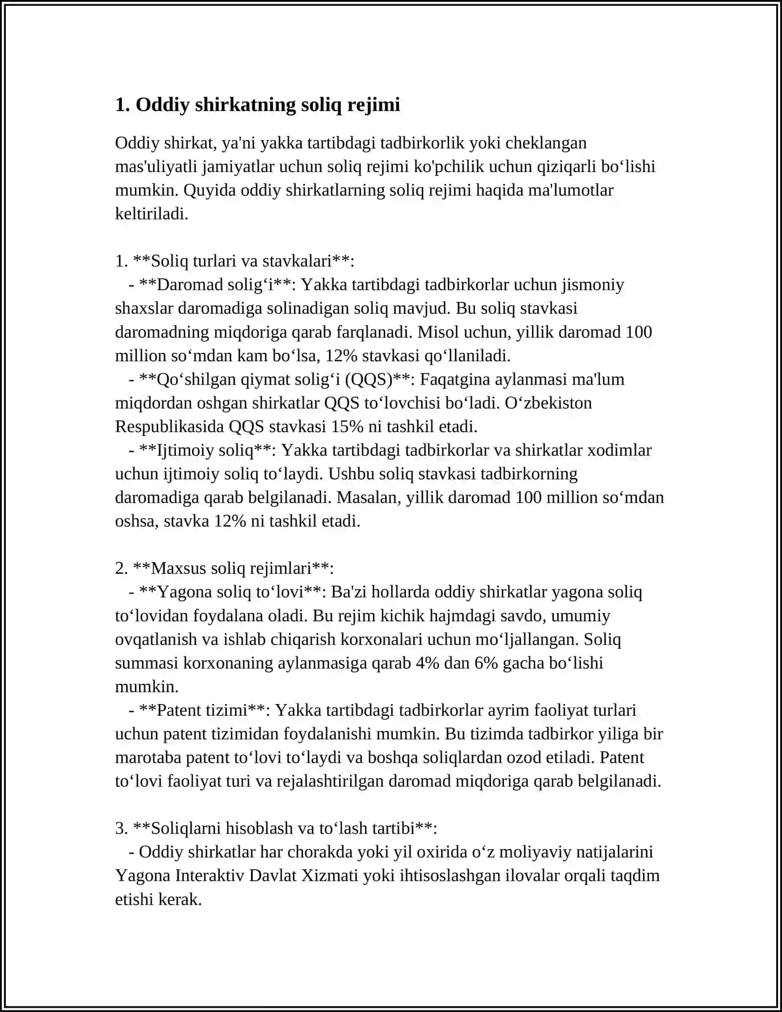 ODDIY SHIRKAT SHARTNOMASI DOIRASIDA AMALGA OSHIRILGAN OPERATSIYALAR BÒYICHA SOLIQNI HISOBLASH 3