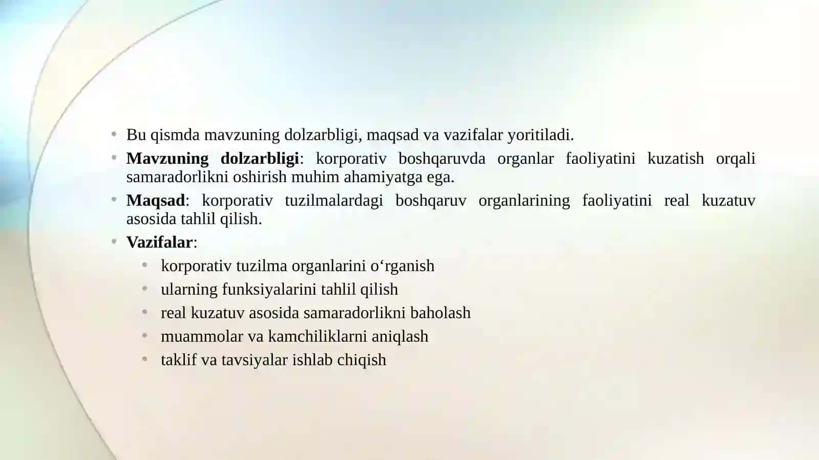 Korporativ tuzilmalarda organlar faoliyatini real kuzatuv asosida Amaliy tahlil tayorlash 3