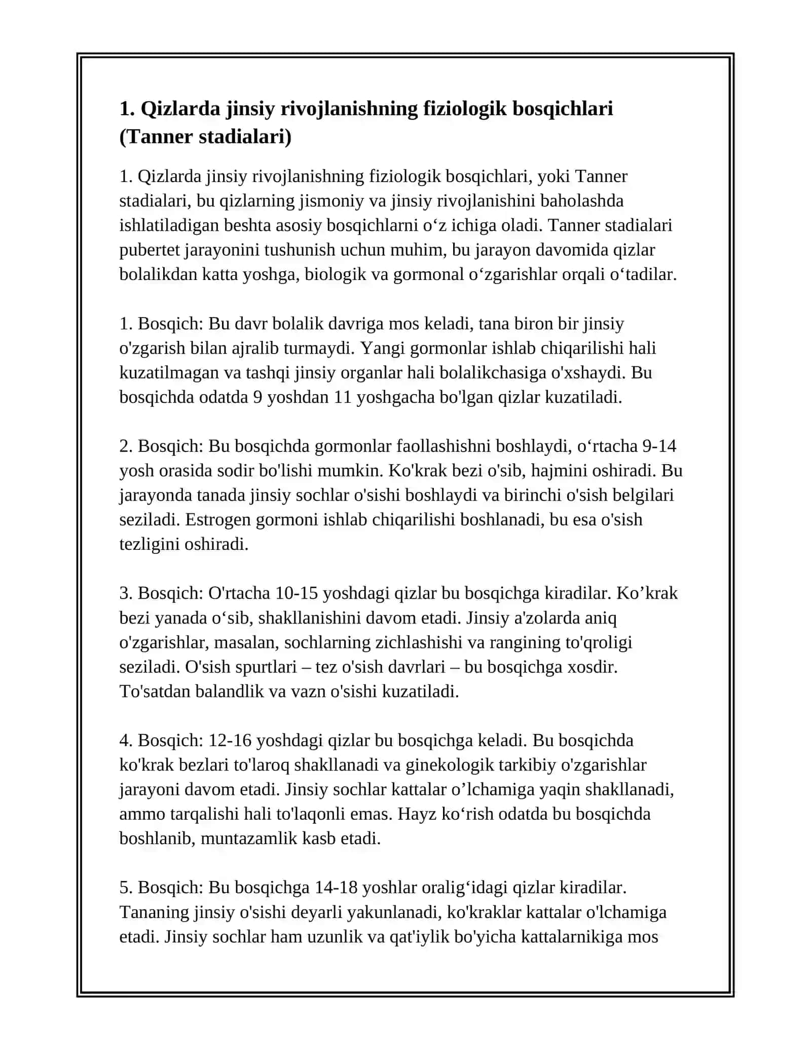 JINSIY RIVOJLANISHNI ORQADA QOLISHI VA BARVAQT JINSIY RIVOJLANISH, PATOLOGIK PUBERTAT. NORMAL HAYZ SIKLI VA UNING BOSHQARILISHI 3